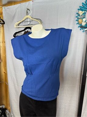 Zenana Outfitters Cobalt Blue Cap Sleeve Crewneck Top with tailored waist.